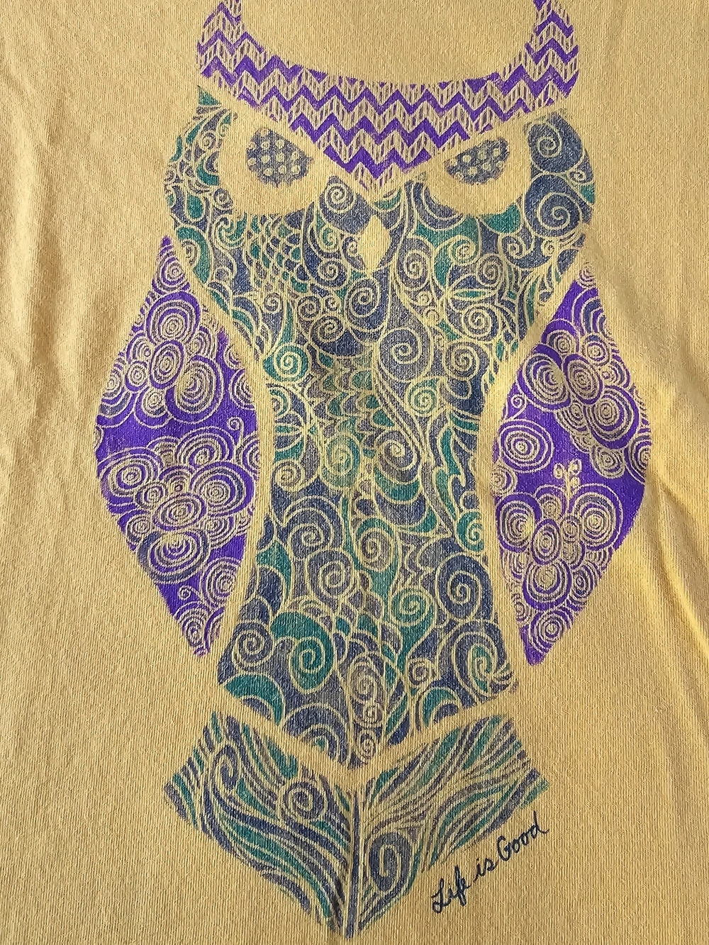 Life Is Good Yellow Short Sleeve Tee with Purple and Teal Owl Graphic